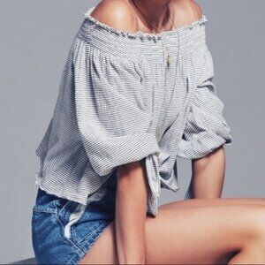 Free People‎ Lexington Striped Off Shoulder Top Size XS Black White Tie Sleeve